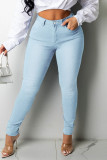 Diepblauwe Sexy Street Solid Bandage Uitgeholde Patchwork Hoge Taille Denim Jeans