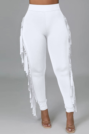 Pantalones lápiz de cintura alta regular con borlas sólidas informales de moda blanco
