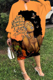 Oranje Casual Print Patchwork O-hals Lantaarnrok Grote maten jurken