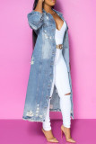 Light Blue Fashion Casual Solid Ripped Turndown Collar Long Sleeve Regular Womens Distressed Ripped Denim Trench Coat (No Pockets)