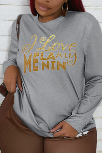Grey Fashion Street Print Letter O Neck Tops