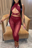 Burgundy Sexy Solid Bandage Hollowed Out Patchwork See-through Asymmetrical Sleeveless Two Pieces