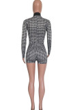White Fashion Casual Print Patchwork Turtleneck Long Sleeve Skinny Romper
