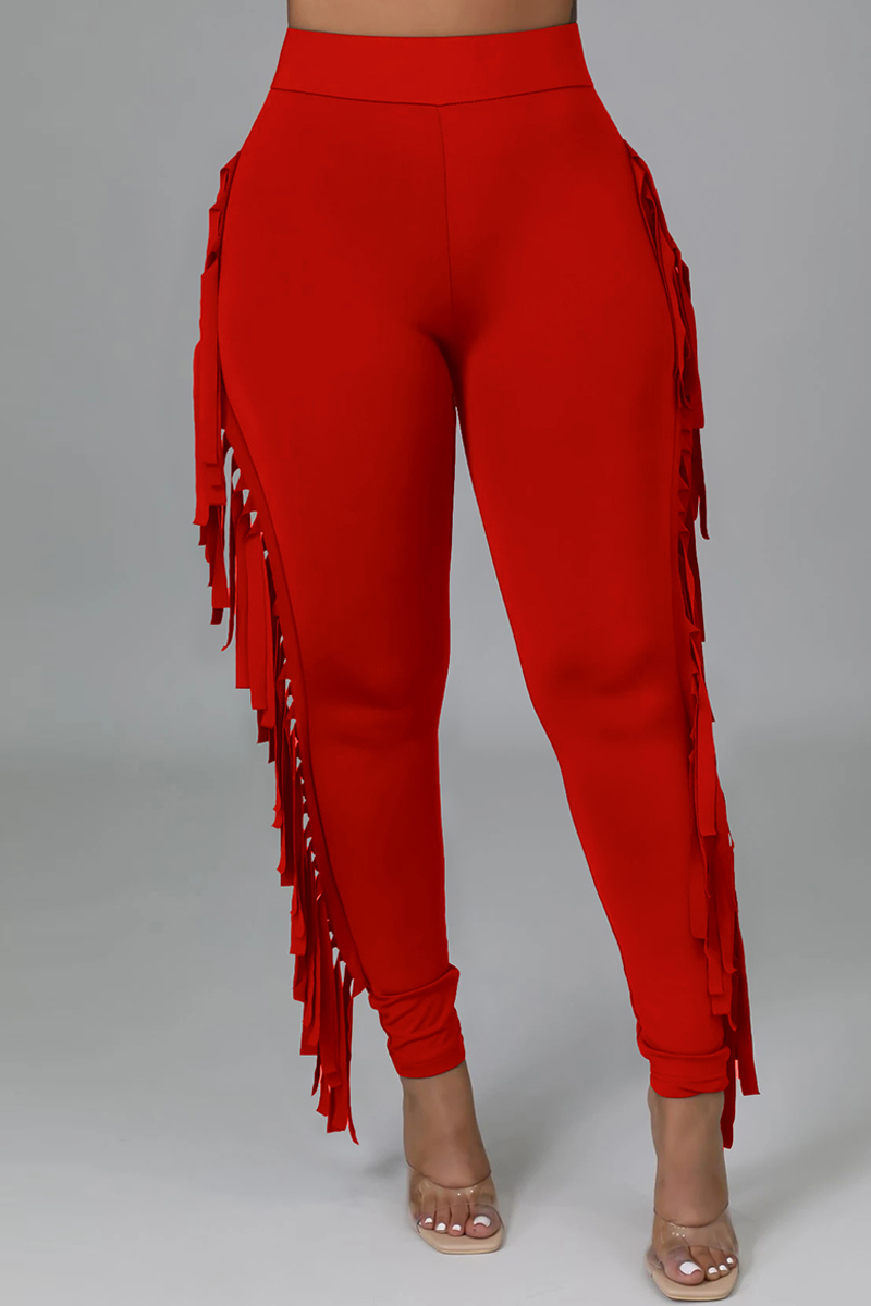 

Red Fashion Casual Solid Tassel Regular High Waist Pencil Trousers