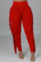 Красные модные повседневные брюки-карандаш с однотонной кисточкой и высокой талией