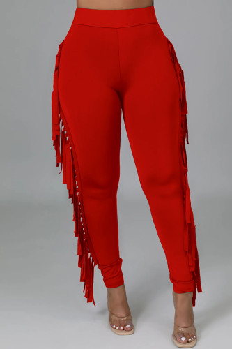Calças lápis estilo casual vermelho moda borla sólida regular cintura alta