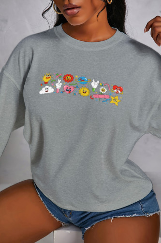 Grey Sweet Cute Print Patchwork O Neck Tops