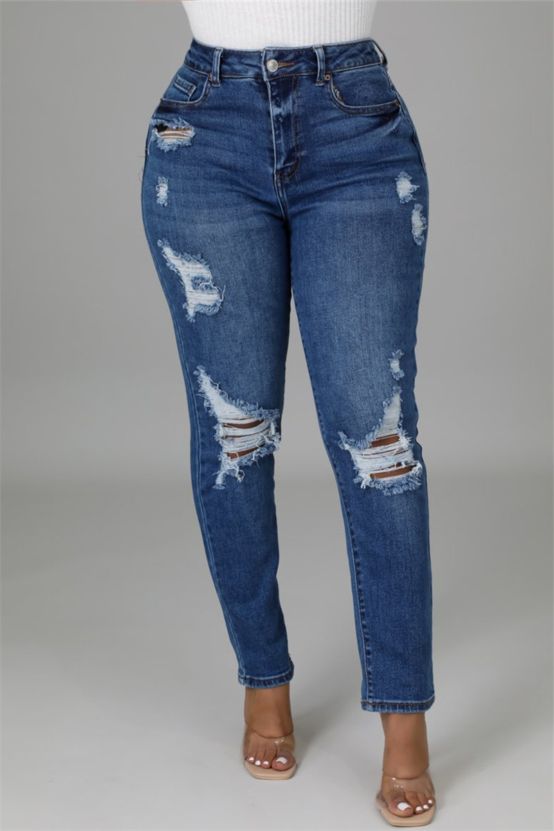 

Dark Blue Fashion Casual Solid Ripped High Waist Regular Denim Jeans