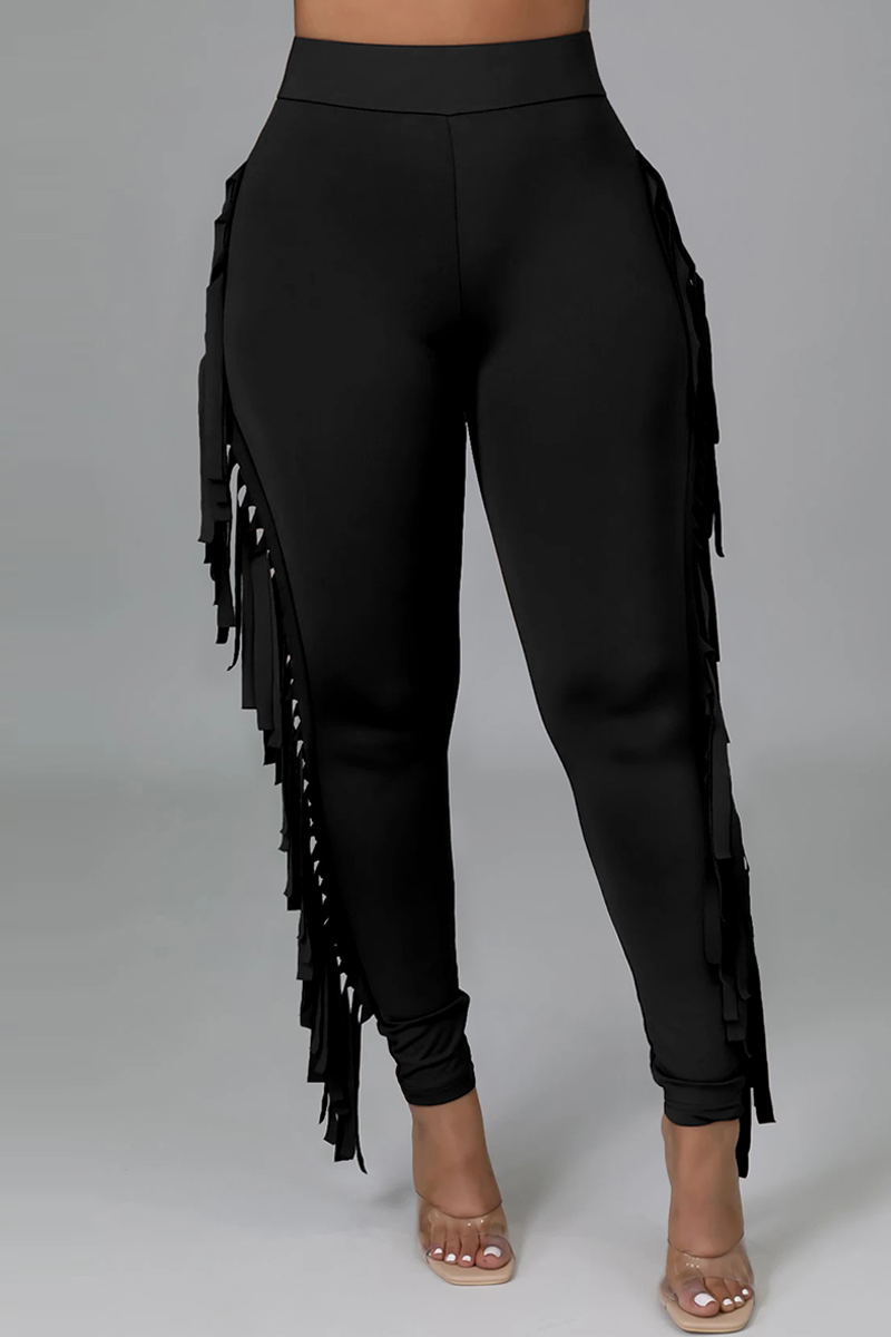 

Black Fashion Casual Solid Tassel Regular High Waist Pencil Trousers