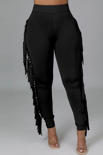 Pantalones lápiz de cintura alta regular con borlas sólidas informales de moda negro