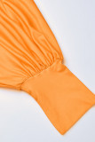 オレンジ カジュアル プリント パッチワーク O ネック ランタン スカート プラス サイズ ドレス