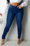 Jeans en denim taille haute patchwork évidé bandage solide de rue sexy bleu profond