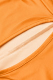 Falda de linterna con cuello en O de patchwork con estampado informal naranja Vestidos de talla grande