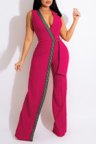 Rozerode sexy elegante print patchwork met riem V-hals rechte jumpsuits