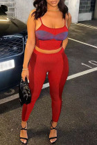 Colete vermelho sexy estampa casual sem costas calças com alça de espaguete sem mangas duas peças