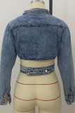 Ljusblått Mode Casual Solid ihåligt Patchwork Turndown-krage Långärmad Vanlig jeansjacka