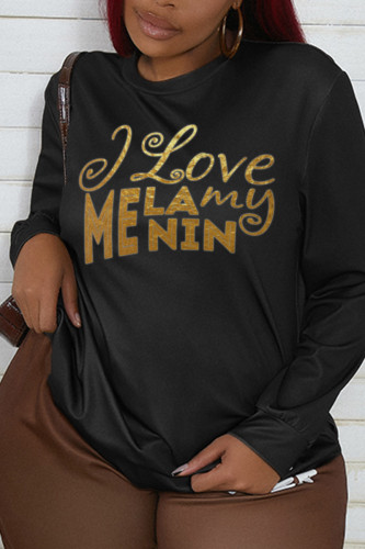 Black Fashion Street Print Letter O Neck Tops