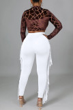 Pantalones lápiz de cintura alta regular con borlas sólidas informales de moda blanco