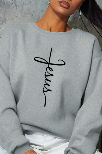 Grey Fashion Sportswear Print Patchwork O Neck Tops