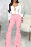 Pink Fashion Street Solid High Waist Flare Leg Denim Jeans