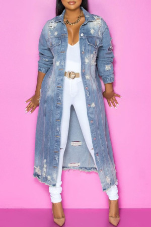 Light Blue Fashion Casual Solid Ripped Turndown Collar Long Sleeve Regular Womens Distressed Ripped Denim Trench Coat (No Pockets)