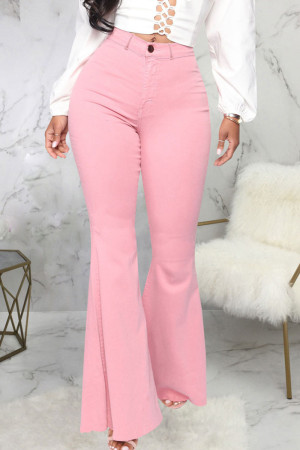 Pink Fashion Street Solid High Waist Flare Leg Denim Jeans