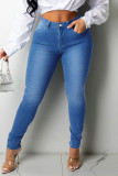 Jeans en denim taille haute patchwork évidé bandage solide de rue sexy bleu profond