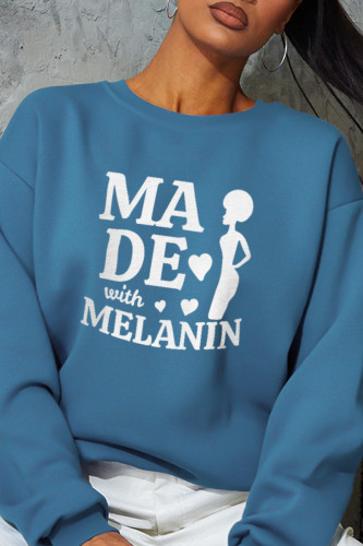 Blue Casual Street Print Letter O Neck Tops