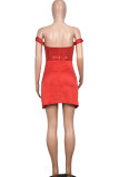 Красное модное сексуальное платье в стиле пэчворк с блестками и открытой спиной с открытыми плечами