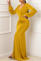 Yellow Sexy Solid Fold V Neck Asymmetrical Dresses