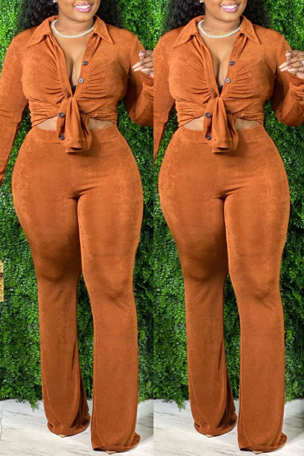 オレンジファッションカジュアルソリッドベーシックターンダウンカラープラスサイズツーピース