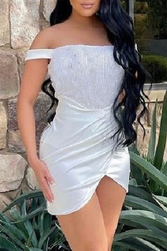 Vestido de lantejoulas de retalhos sexy moda branca sem costas fora do ombro vestido irregular