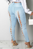 Azul profundo sexy rua sólida bandagem escavada retalhos jeans de cintura alta