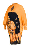 オレンジ カジュアル プリント パッチワーク O ネック ランタン スカート プラス サイズ ドレス