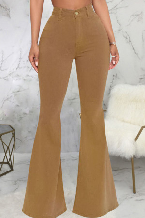 Brown Fashion Street Solid High Waist Flare Leg Denim Jeans