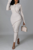 クリームホワイトカジュアルソリッドパッチワークフード付きカラーペンシルスカートドレス