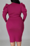 Vestidos casuais de moda roxos sólidos com cinto O pescoço manga longa plus size