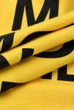Moda amarela casual carta estampa patchwork zíper gola oblíqua vestidos de manga comprida