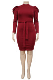 Rose Red Fashion Casual Solid mit Gürtel O-Ausschnitt Langarm Plus Size Kleider
