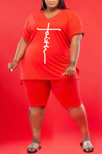 Red Fashion Casual Print Slit V Neck Plus Size Two Pieces