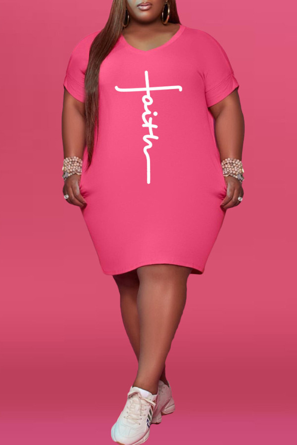 Розовое модное повседневное базовое платье с v-образным вырезом и коротким рукавом с принтом