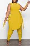 Yellow Casual Street Solid Patchwork Slit Asymmetrical O Neck Plus Size Two Pieces