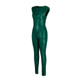 Зеленые модные сексуальные сплошные без пояса с круглым вырезом обычные комбинезоны