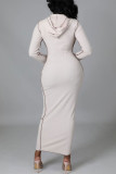 Кремово-белые повседневные однотонные платья-юбка-карандаш с воротником с капюшоном в стиле пэчворк
