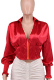 Red Casual Solid Patchwork Fold Zipper V Neck Tops