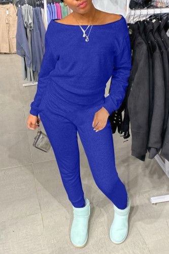 Blue Casual Solid Patchwork O Neck Long Sleeve Two Pieces