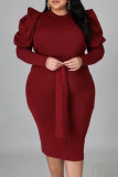 Rose Red Fashion Casual Solid met riem O-hals Lange mouw Grote maten jurken