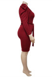 Vestidos Casuais Moda Rosa Vermelho Sólido Com Cinto O Decote Manga Longa Plus Size