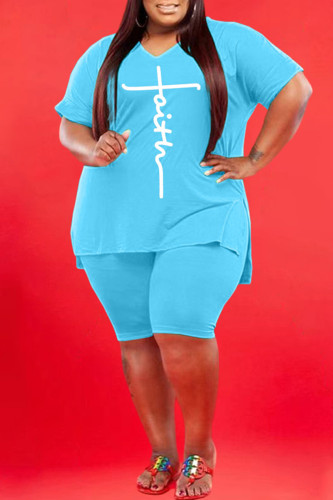 Light Blue Fashion Casual Print Slit V Neck Plus Size Two Pieces