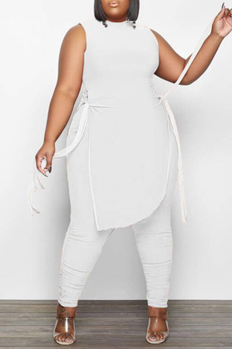 White Fashion Casual Solid Bandage O Neck Plus Size Two Pieces